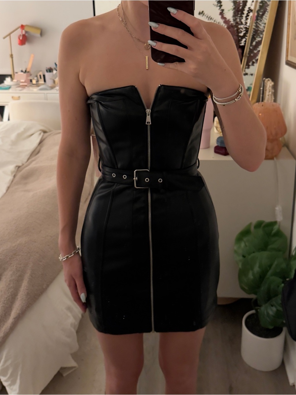 AQUA NWT Strapless Black Faux Leather Zip-Front Mini Dress